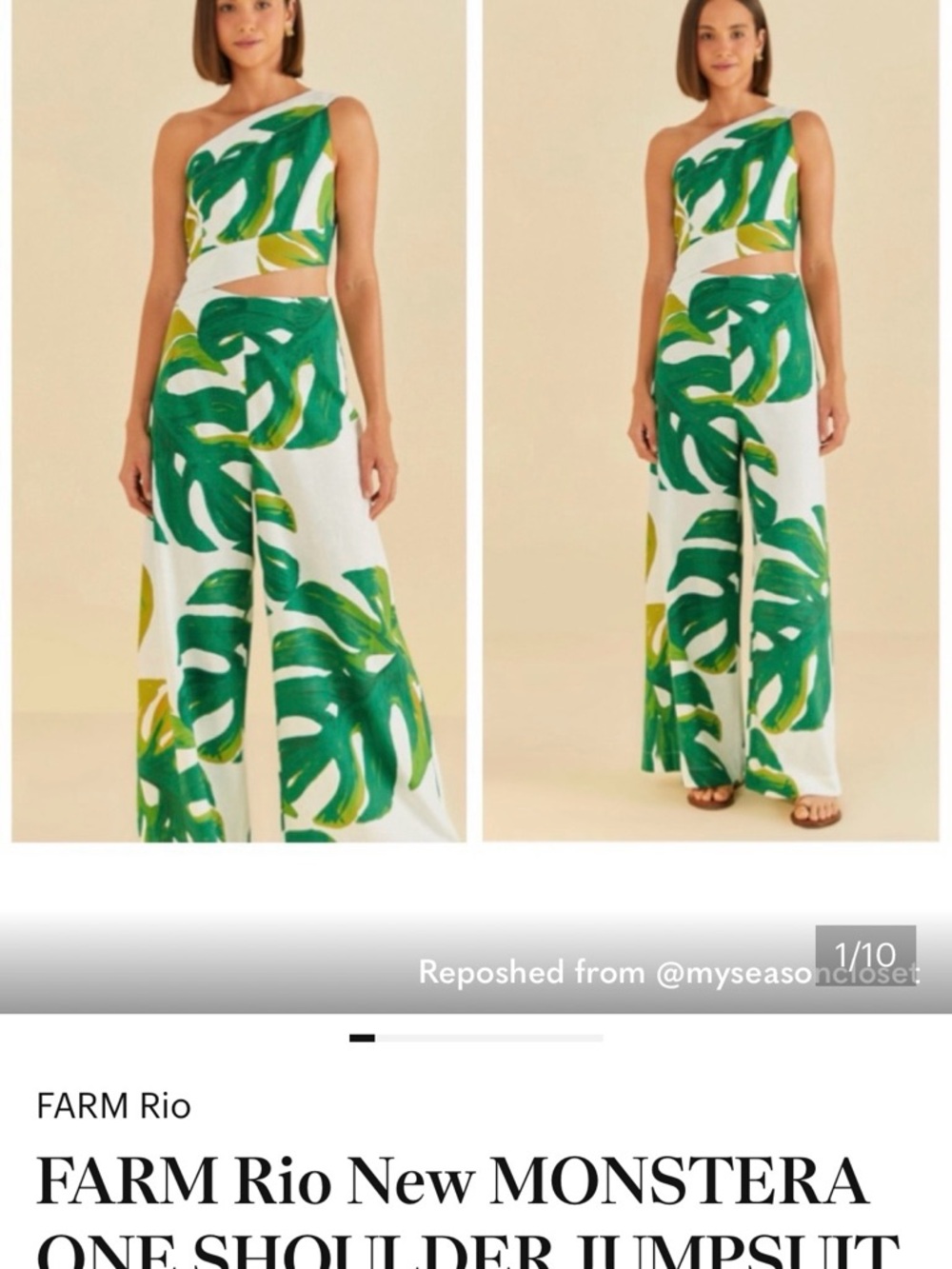 FARM Rio White & Green Monstera Wide-Leg One-Shoulder Jumpsuit